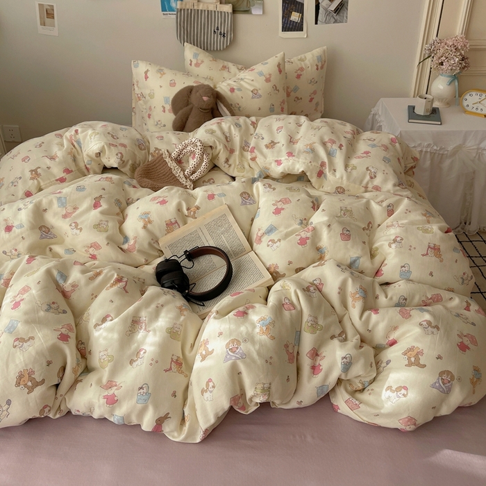 91家纺网 家纺一手货源 找家纺 六巷胡同 2025新款INS卡通A类全棉纯棉双层纱四件套学生季三件套 双层纱-贪玩动物园