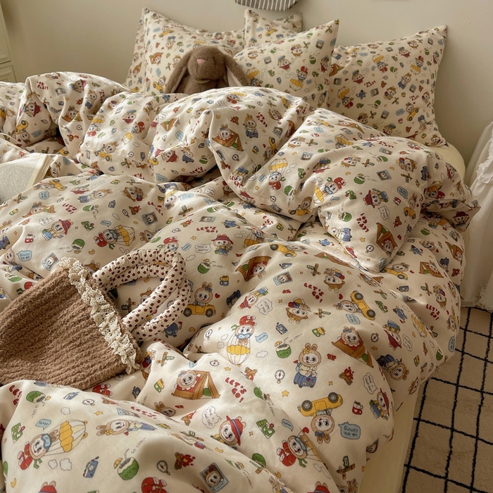 91家纺网 家纺一手货源 找家纺 （总）六巷胡同 2025新款INS卡通A类全棉纯棉双层纱四件套学生季三件套