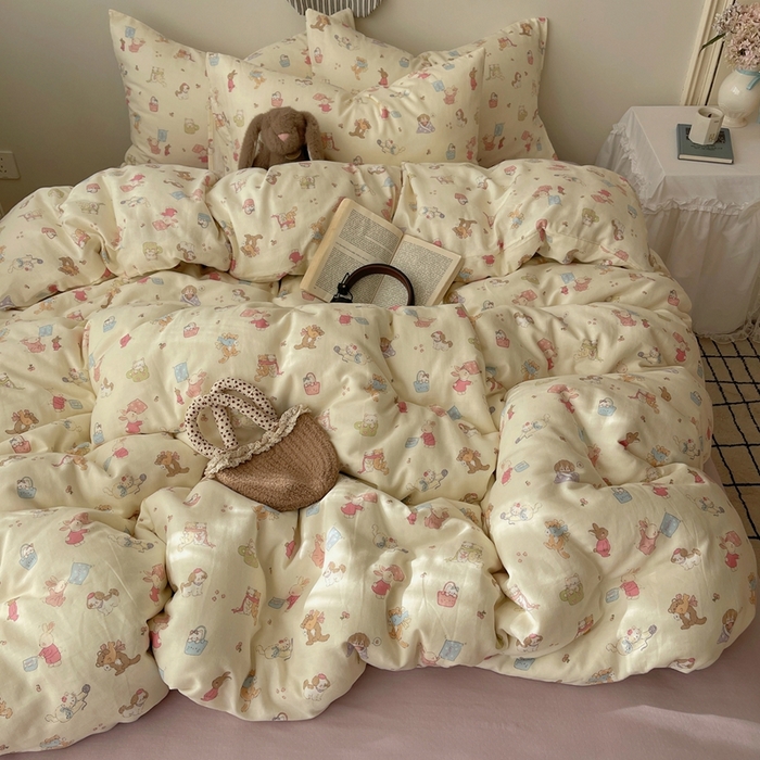 91家纺网 家纺一手货源 找家纺 六巷胡同 2025新款INS卡通A类全棉纯棉双层纱四件套学生季三件套 双层纱-贪玩动物园