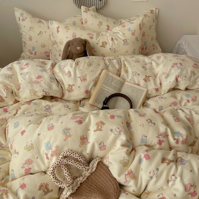 91家纺网 家纺一手货源 找家纺 六巷胡同 2025新款INS卡通A类全棉纯棉双层纱四件套学生季三件套 双层纱-贪玩动物园