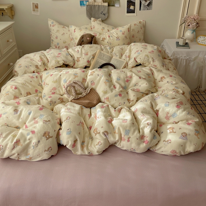 91家纺网 家纺一手货源 找家纺 六巷胡同 2025新款INS卡通A类全棉纯棉双层纱四件套学生季三件套 双层纱-贪玩动物园