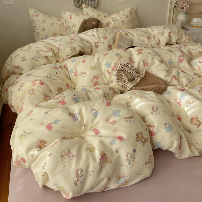 91家纺网 家纺一手货源 找家纺 六巷胡同 2025新款INS卡通A类全棉纯棉双层纱四件套学生季三件套 双层纱-贪玩动物园