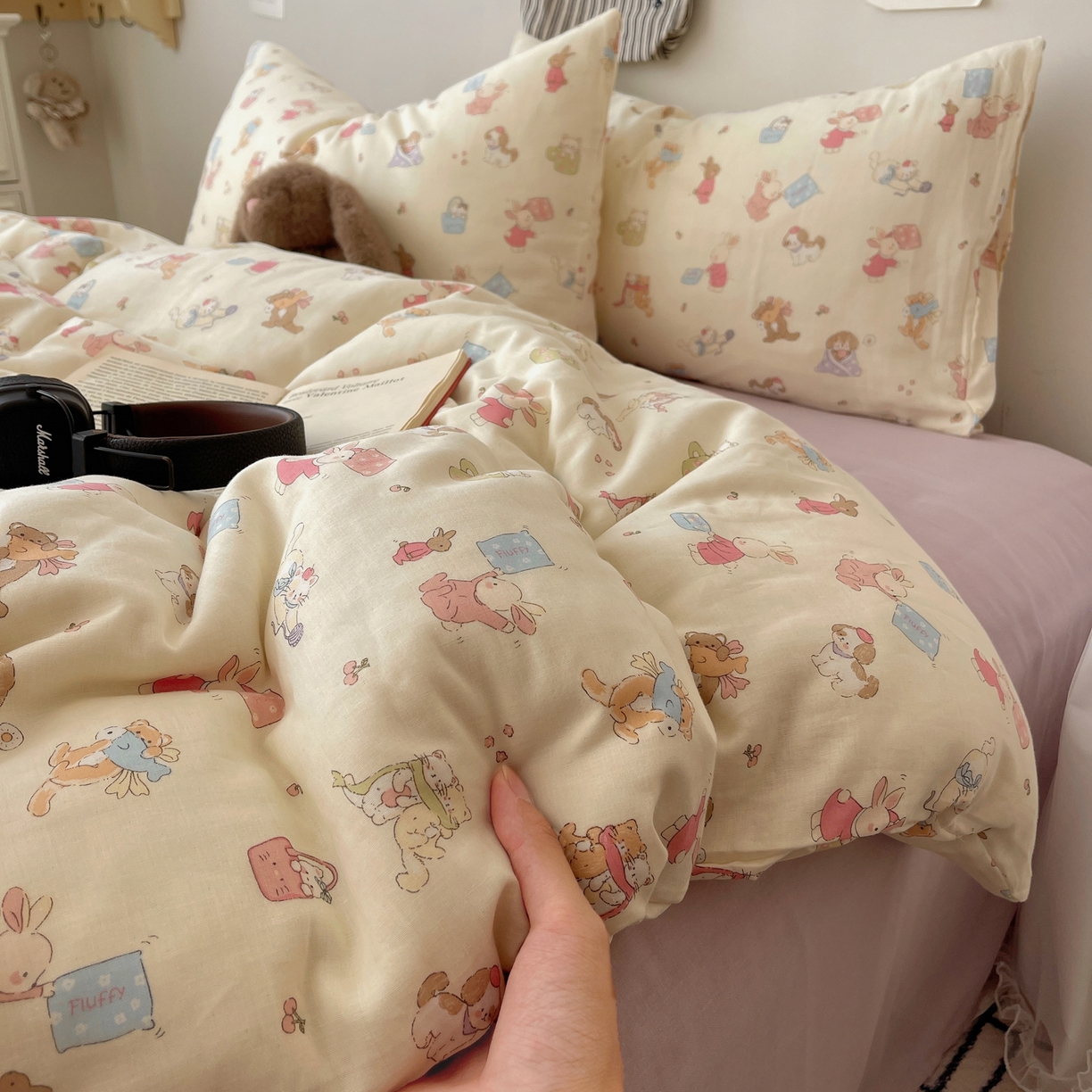 六巷胡同 2025新款INS卡通A类全棉纯棉双层纱四件套学生季三件套 双层纱-贪玩动物园