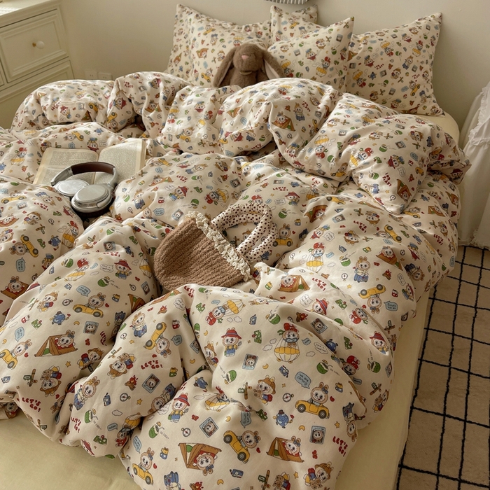 91家纺网 家纺一手货源 找家纺 六巷胡同 2025新款INS卡通A类全棉纯棉双层纱四件套学生季三件套 双层纱-布布旅行团