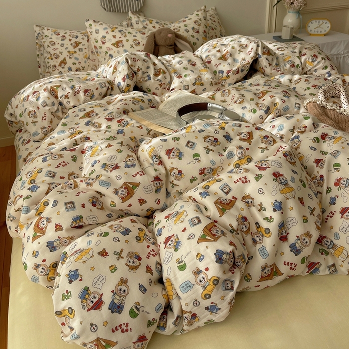 91家纺网 家纺一手货源 找家纺 六巷胡同 2025新款INS卡通A类全棉纯棉双层纱四件套学生季三件套 双层纱-布布旅行团