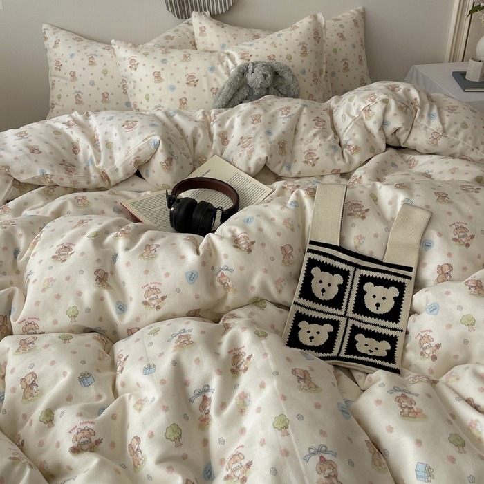 91家纺网 家纺一手货源 找家纺 六巷胡同 2025新款INS卡通A类全棉纯棉双层纱四件套学生季三件套 双层纱-公园萝莉犬