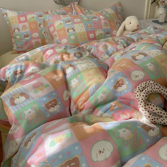 91家纺网 家纺一手货源 找家纺 六巷胡同 2025新款INS卡通A类全棉纯棉双层纱四件套学生季三件套 双层纱-假日妙趣犬