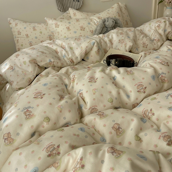 91家纺网 家纺一手货源 找家纺 六巷胡同 2025新款INS卡通A类全棉纯棉双层纱四件套学生季三件套 双层纱-公园萝莉犬