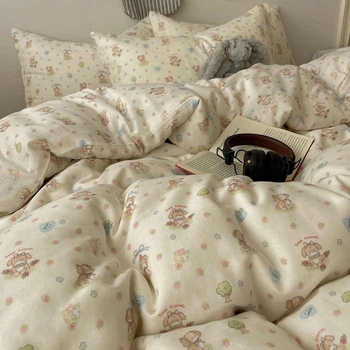 91家纺网 家纺一手货源 找家纺 六巷胡同 2025新款INS卡通A类全棉纯棉双层纱四件套学生季三件套 双层纱-公园萝莉犬