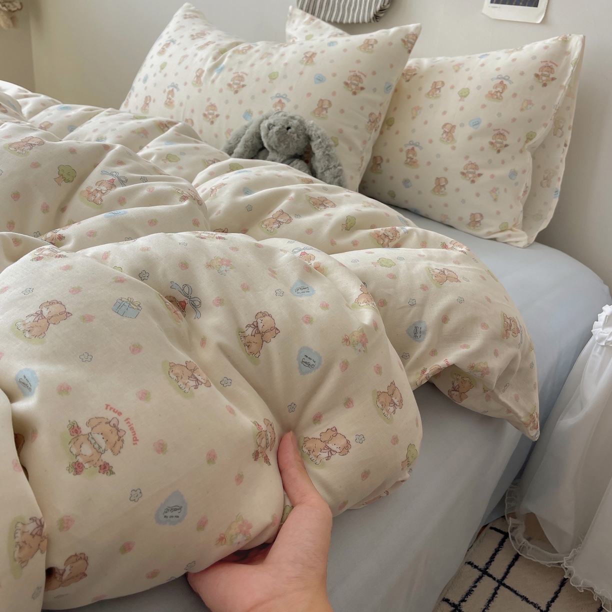 六巷胡同 2025新款INS卡通A类全棉纯棉双层纱四件套学生季三件套 双层纱-公园萝莉犬