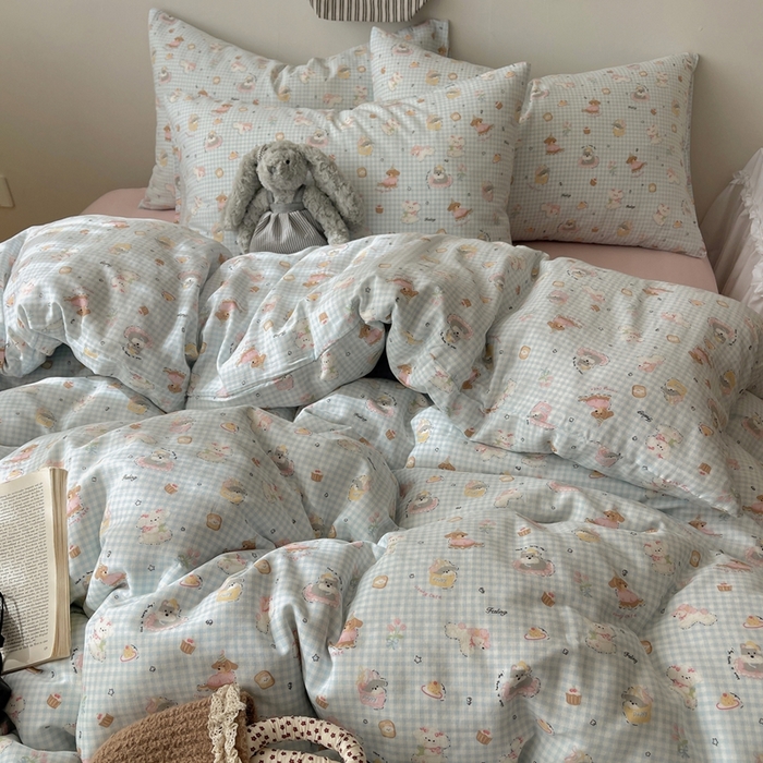 91家纺网 家纺一手货源 找家纺 六巷胡同 2025新款INS卡通A类全棉纯棉双层纱四件套学生季三件套 双层纱-修狗烘焙屋