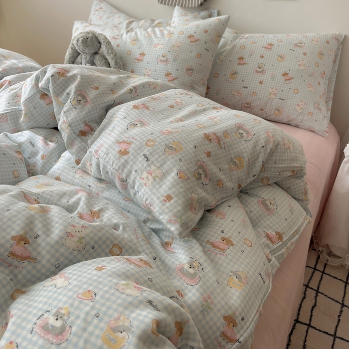 91家纺网 家纺一手货源 找家纺 六巷胡同 2025新款INS卡通A类全棉纯棉双层纱四件套学生季三件套 双层纱-修狗烘焙屋