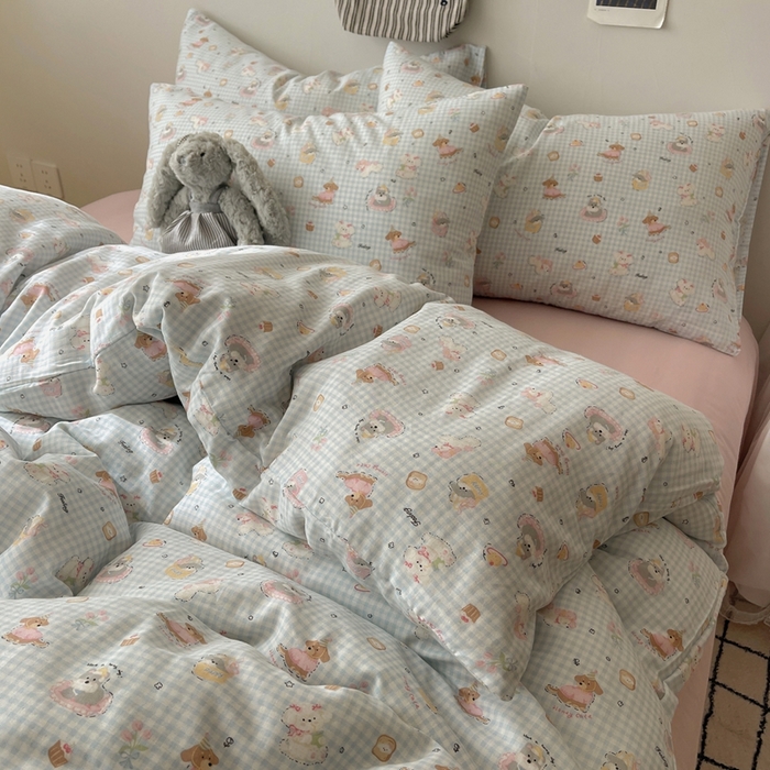 91家纺网 家纺一手货源 找家纺 六巷胡同 2025新款INS卡通A类全棉纯棉双层纱四件套学生季三件套 双层纱-修狗烘焙屋