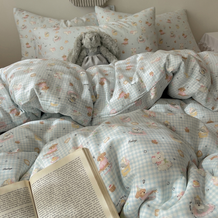 91家纺网 家纺一手货源 找家纺 六巷胡同 2025新款INS卡通A类全棉纯棉双层纱四件套学生季三件套 双层纱-修狗烘焙屋