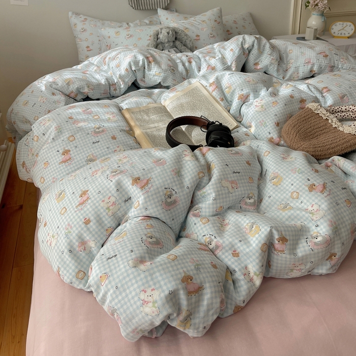 91家纺网 家纺一手货源 找家纺 六巷胡同 2025新款INS卡通A类全棉纯棉双层纱四件套学生季三件套 双层纱-修狗烘焙屋