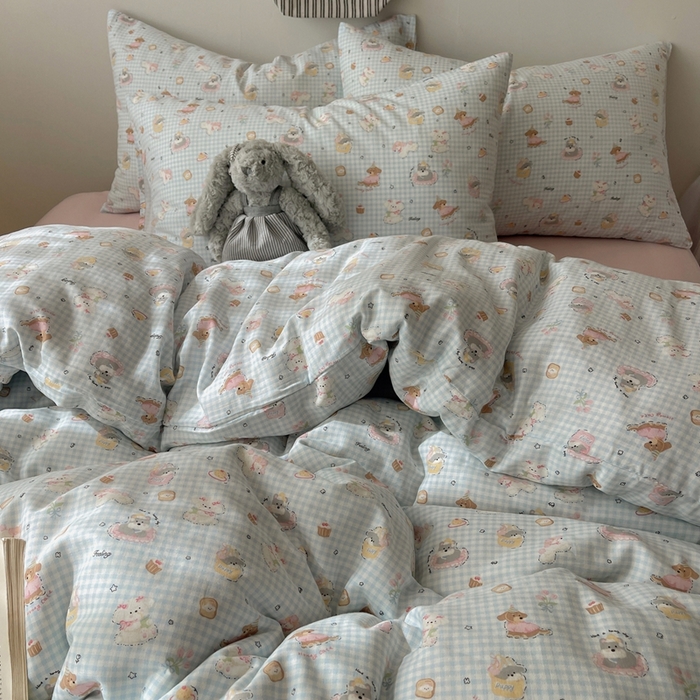 91家纺网 家纺一手货源 找家纺 六巷胡同 2025新款INS卡通A类全棉纯棉双层纱四件套学生季三件套 双层纱-修狗烘焙屋