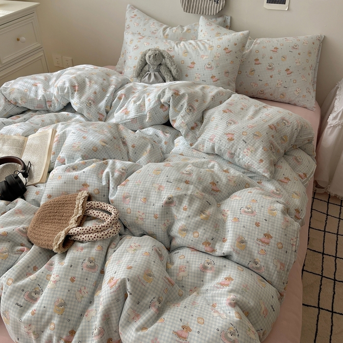 91家纺网 家纺一手货源 找家纺 六巷胡同 2025新款INS卡通A类全棉纯棉双层纱四件套学生季三件套 双层纱-修狗烘焙屋