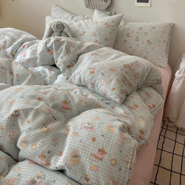 91家纺网 家纺一手货源 找家纺 六巷胡同 2025新款INS卡通A类全棉纯棉双层纱四件套学生季三件套 双层纱-修狗烘焙屋