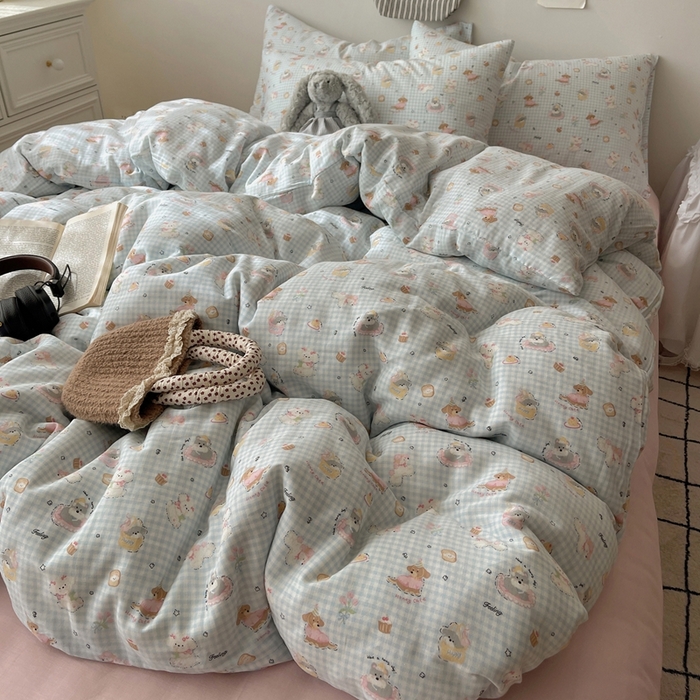 91家纺网 家纺一手货源 找家纺 六巷胡同 2025新款INS卡通A类全棉纯棉双层纱四件套学生季三件套 双层纱-修狗烘焙屋