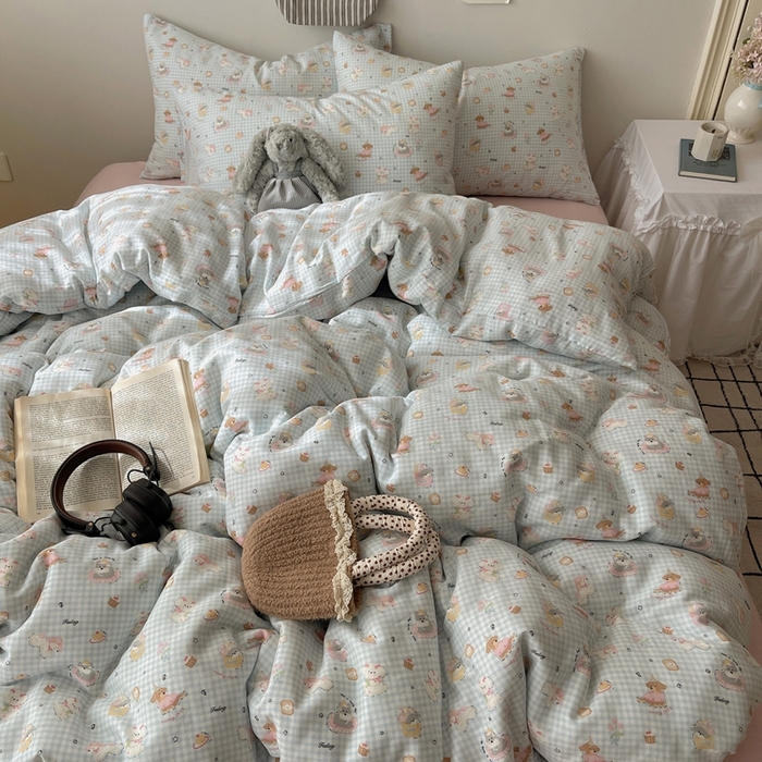 91家纺网 家纺一手货源 找家纺 六巷胡同 2025新款INS卡通A类全棉纯棉双层纱四件套学生季三件套 双层纱-修狗烘焙屋