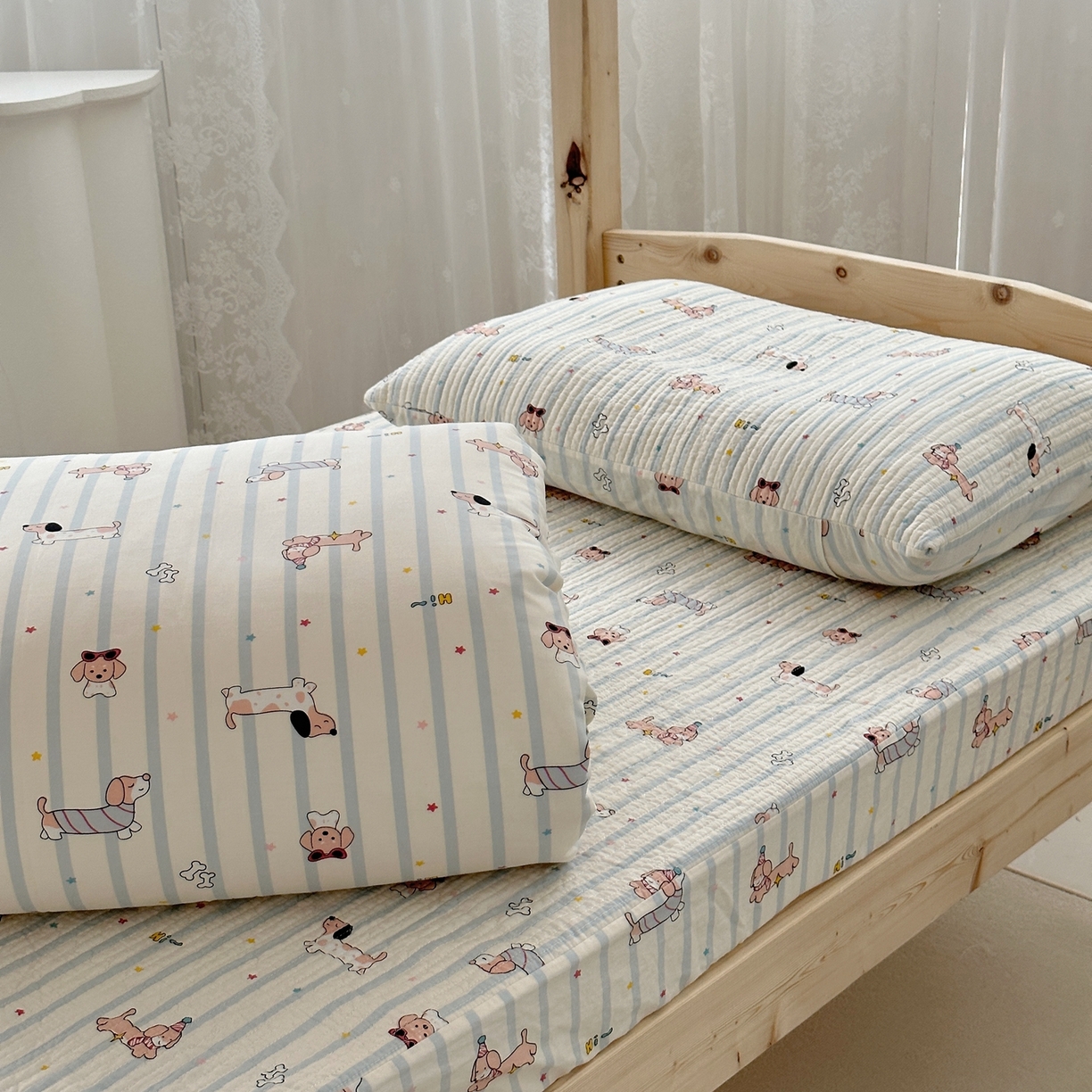 91家纺网 家纺一手货源 找家纺 佰织鑫家居 2025新款独家原创-学生季纯棉夹棉床笠三件套 旺仔