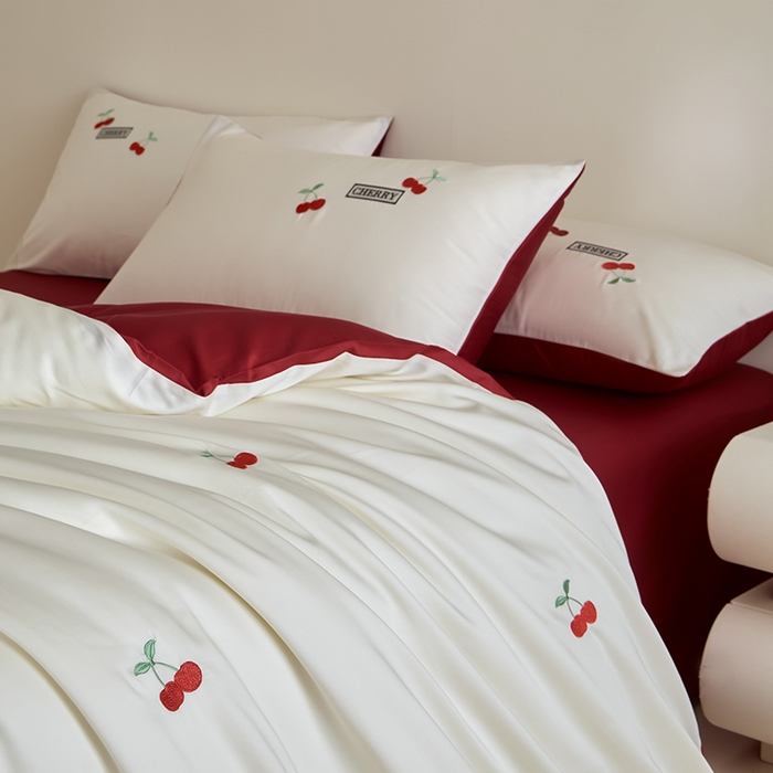 91家纺网 家纺一手货源 找家纺 618家纺 2025新款全棉60S100支纯棉长绒棉四件套-樱桃 樱桃红