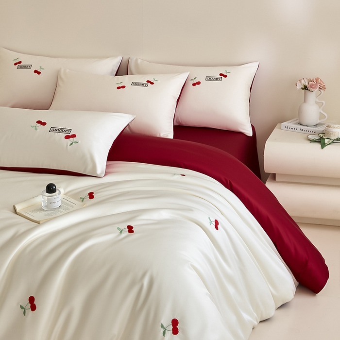 91家纺网 家纺一手货源 找家纺 618家纺 2025新款全棉60S100支纯棉长绒棉四件套-樱桃 樱桃红
