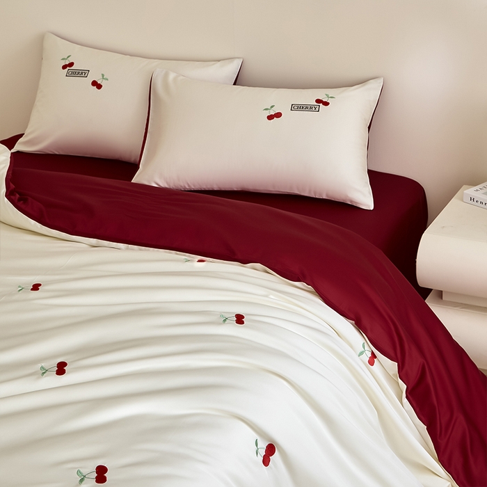 91家纺网 家纺一手货源 找家纺 618家纺 2025新款全棉60S100支纯棉长绒棉四件套-樱桃 樱桃红