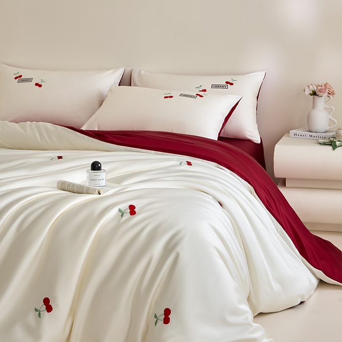 91家纺网 家纺一手货源 找家纺 618家纺 2025新款全棉60S100支纯棉长绒棉四件套-樱桃 樱桃红