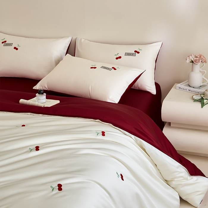 91家纺网 家纺一手货源 找家纺 618家纺 2025新款全棉60S100支纯棉长绒棉四件套-樱桃 樱桃红