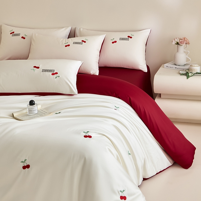 91家纺网 家纺一手货源 找家纺 618家纺 2025新款全棉60S100支纯棉长绒棉四件套-樱桃 樱桃红