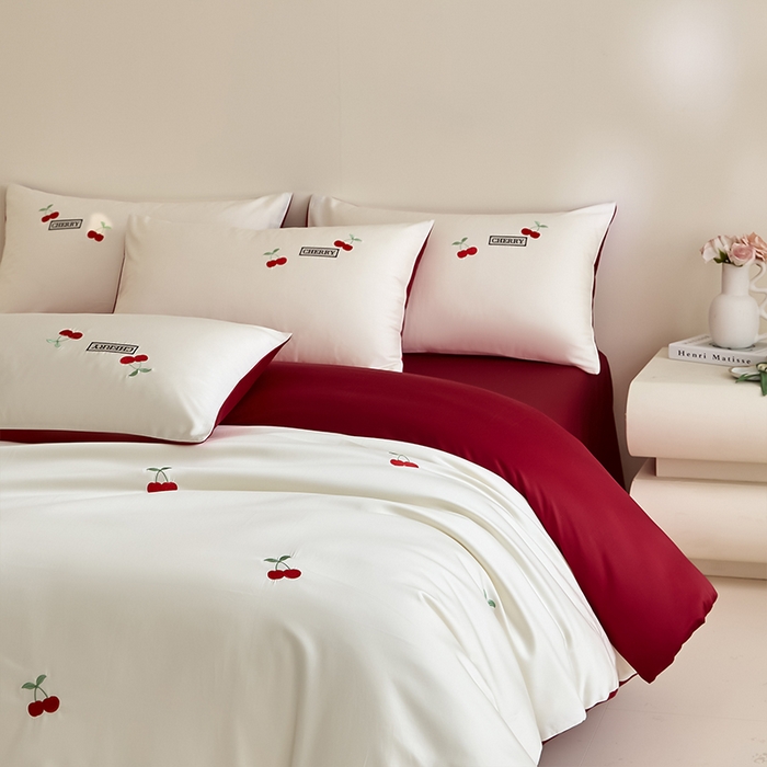 91家纺网 家纺一手货源 找家纺 618家纺 2025新款全棉60S100支纯棉长绒棉四件套-樱桃 樱桃红