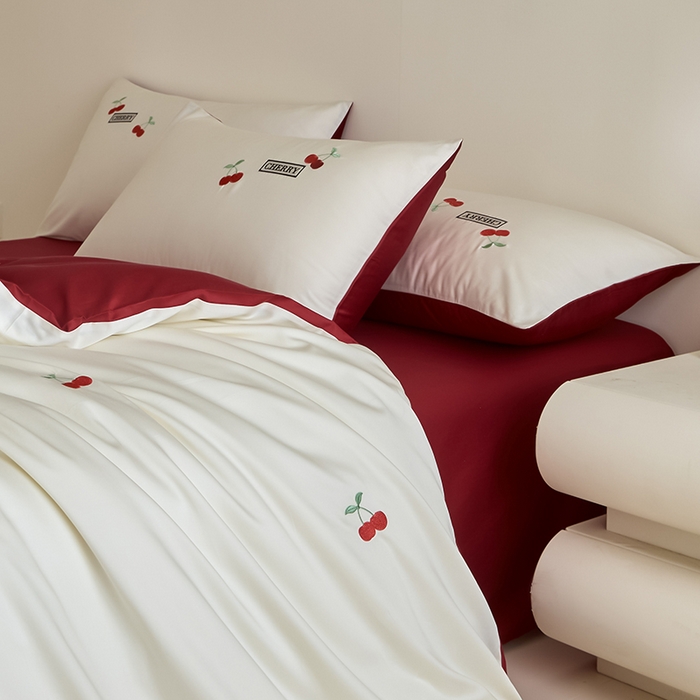 91家纺网 家纺一手货源 找家纺 618家纺 2025新款全棉60S100支纯棉长绒棉四件套-樱桃 樱桃红