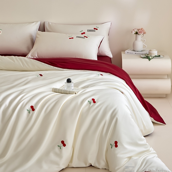 91家纺网 家纺一手货源 找家纺 618家纺 2025新款全棉60S100支纯棉长绒棉四件套-樱桃 樱桃红