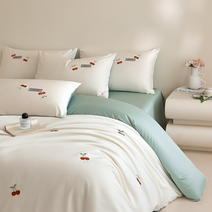 91家纺网 家纺一手货源 找家纺 618家纺 2025新款全棉60S100支纯棉长绒棉四件套-樱桃 樱桃蓝