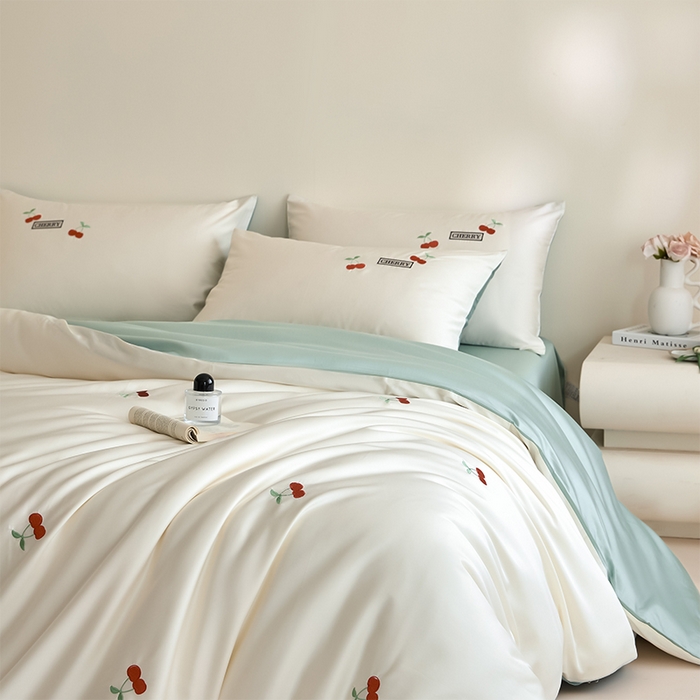 91家纺网 家纺一手货源 找家纺 618家纺 2025新款全棉60S100支纯棉长绒棉四件套-樱桃 樱桃蓝
