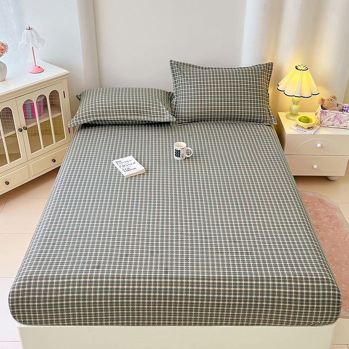 91家纺网 家纺一手货源 找家纺 梦舒羽 2025新款双层纱格子床笠防滑床罩床垫保护套榻榻米宿舍三件套 常规款-简兮绿格