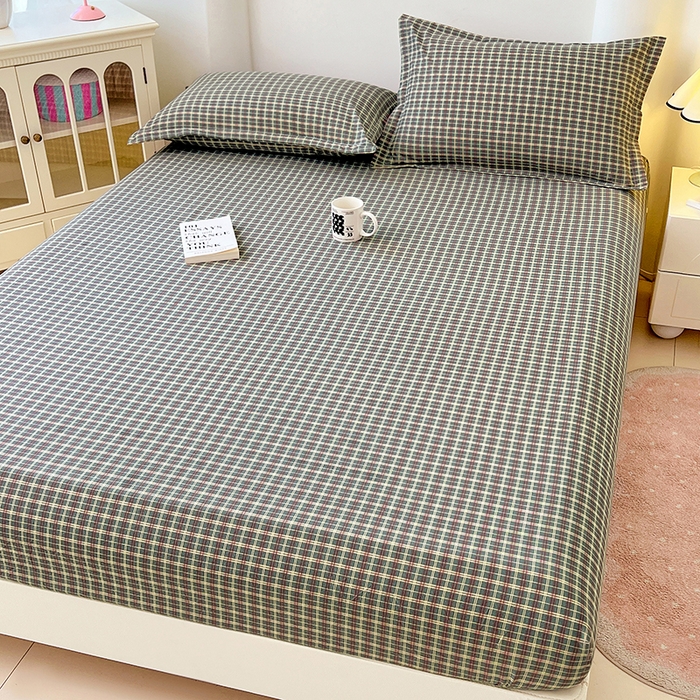 91家纺网 家纺一手货源 找家纺 梦舒羽 2025新款双层纱格子床笠防滑床罩床垫保护套榻榻米宿舍三件套 常规款-简兮绿格