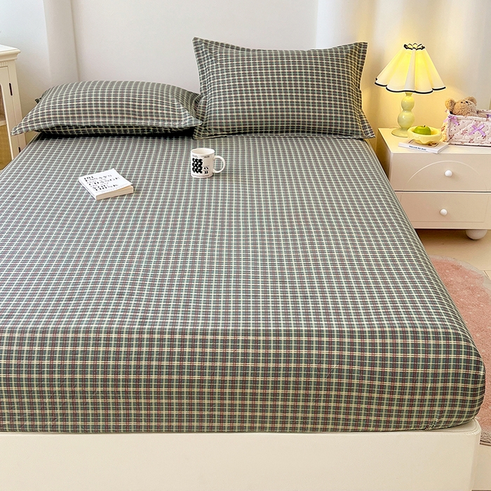 91家纺网 家纺一手货源 找家纺 梦舒羽 2025新款双层纱格子床笠防滑床罩床垫保护套榻榻米宿舍三件套 常规款-简兮绿格