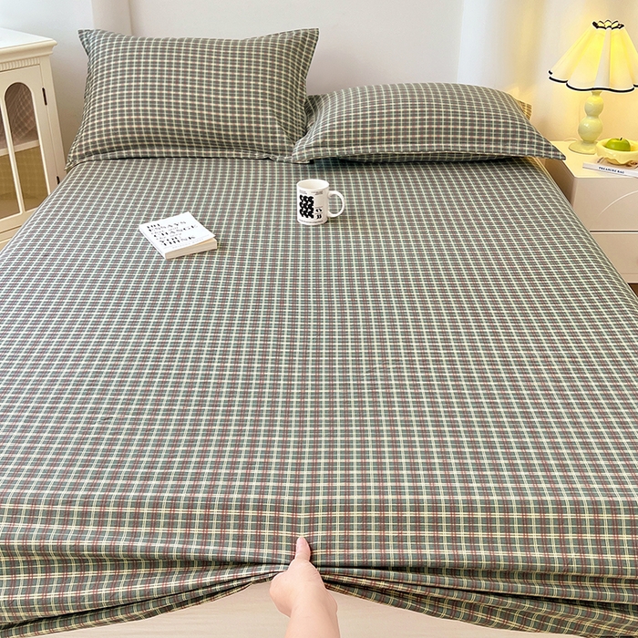 91家纺网 家纺一手货源 找家纺 梦舒羽 2025新款双层纱格子床笠防滑床罩床垫保护套榻榻米宿舍三件套 常规款-简兮绿格
