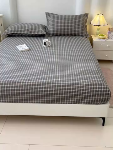 91家纺网 家纺一手货源 找家纺 梦舒羽 2025新款双层纱格子床笠防滑床罩床垫保护套榻榻米宿舍三件套 常规款-简兮绿格