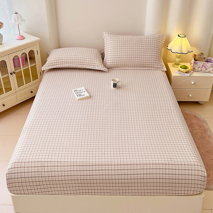 91家纺网 家纺一手货源 找家纺 梦舒羽 2025新款双层纱格子床笠防滑床罩床垫保护套榻榻米宿舍三件套 常规款-可可咖格