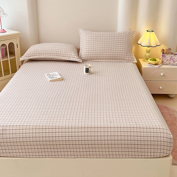 91家纺网 家纺一手货源 找家纺 梦舒羽 2025新款双层纱格子床笠防滑床罩床垫保护套榻榻米宿舍三件套 常规款-可可咖格