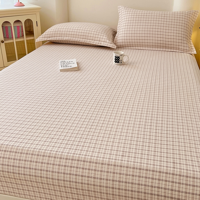 91家纺网 家纺一手货源 找家纺 梦舒羽 2025新款双层纱格子床笠防滑床罩床垫保护套榻榻米宿舍三件套 常规款-可可咖格