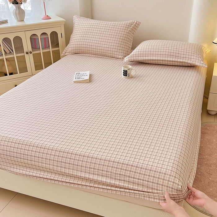 91家纺网 家纺一手货源 找家纺 梦舒羽 2025新款双层纱格子床笠防滑床罩床垫保护套榻榻米宿舍三件套 常规款-可可咖格