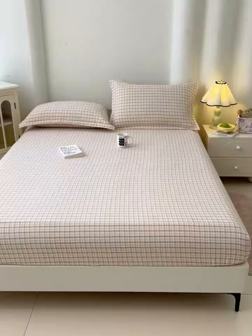91家纺网 家纺一手货源 找家纺 梦舒羽 2025新款双层纱格子床笠防滑床罩床垫保护套榻榻米宿舍三件套 常规款-可可咖格
