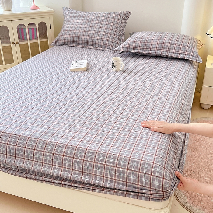 91家纺网 家纺一手货源 找家纺 梦舒羽 2025新款双层纱格子床笠防滑床罩床垫保护套榻榻米宿舍三件套 常规款-洛卡深灰
