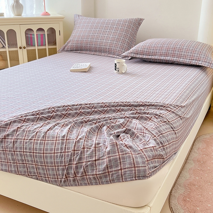 91家纺网 家纺一手货源 找家纺 梦舒羽 2025新款双层纱格子床笠防滑床罩床垫保护套榻榻米宿舍三件套 常规款-洛卡深灰