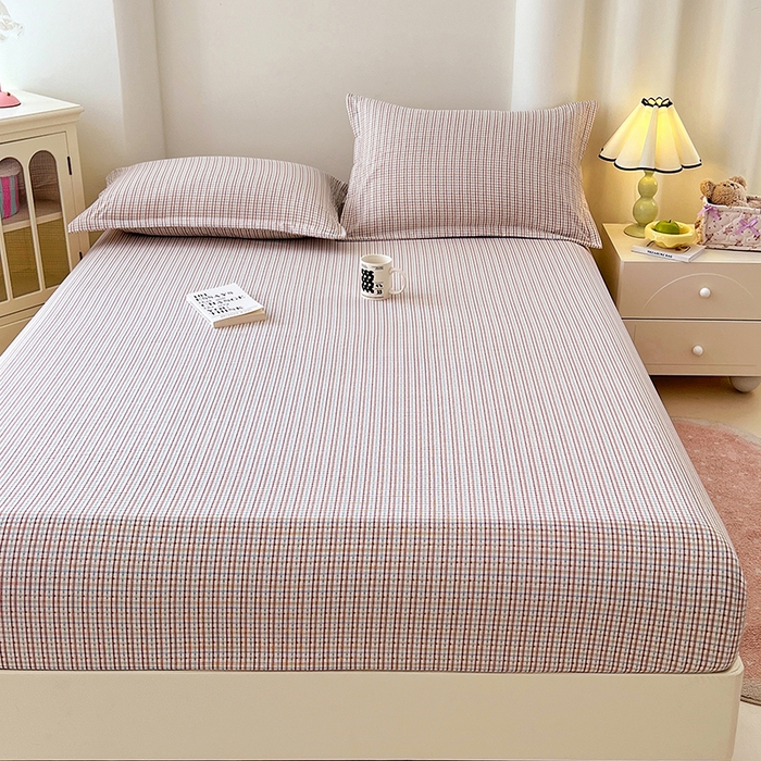91家纺网 家纺一手货源 找家纺 梦舒羽 2025新款双层纱格子床笠防滑床罩床垫保护套榻榻米宿舍三件套 常规款-魅力蓝咖