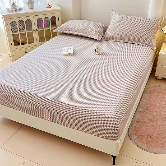 91家纺网 家纺一手货源 找家纺 梦舒羽 2025新款双层纱格子床笠防滑床罩床垫保护套榻榻米宿舍三件套 常规款-魅力蓝咖